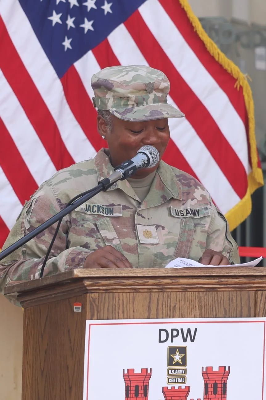 Major Jackie Jackson speaking at a U.S. Army ceremony Major Jackie Jackson speaking at a U.S. Army ceremony