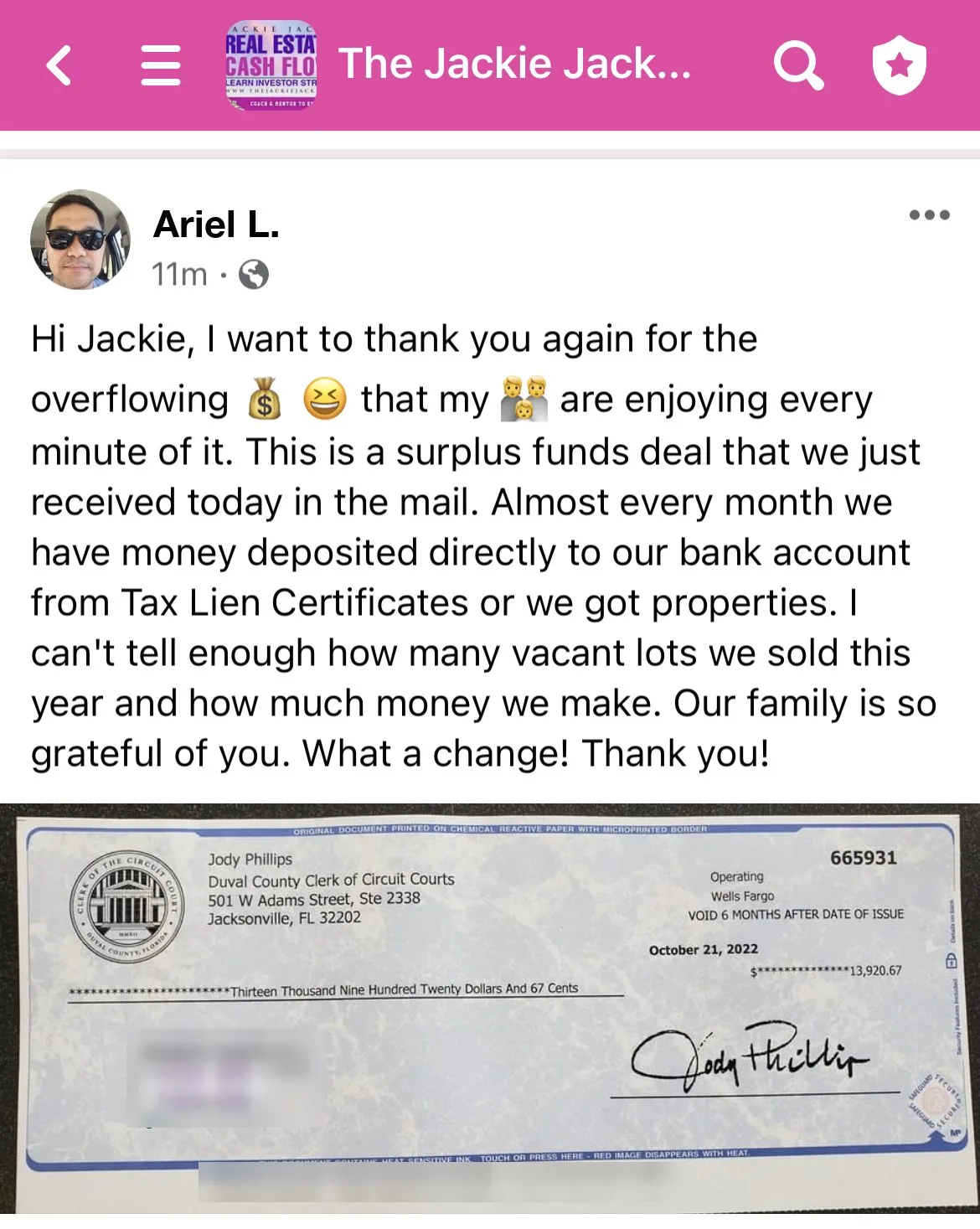 Ariel L.’s Facebook post about a surplus funds check from the Duval County Clerk of Circuit Courts