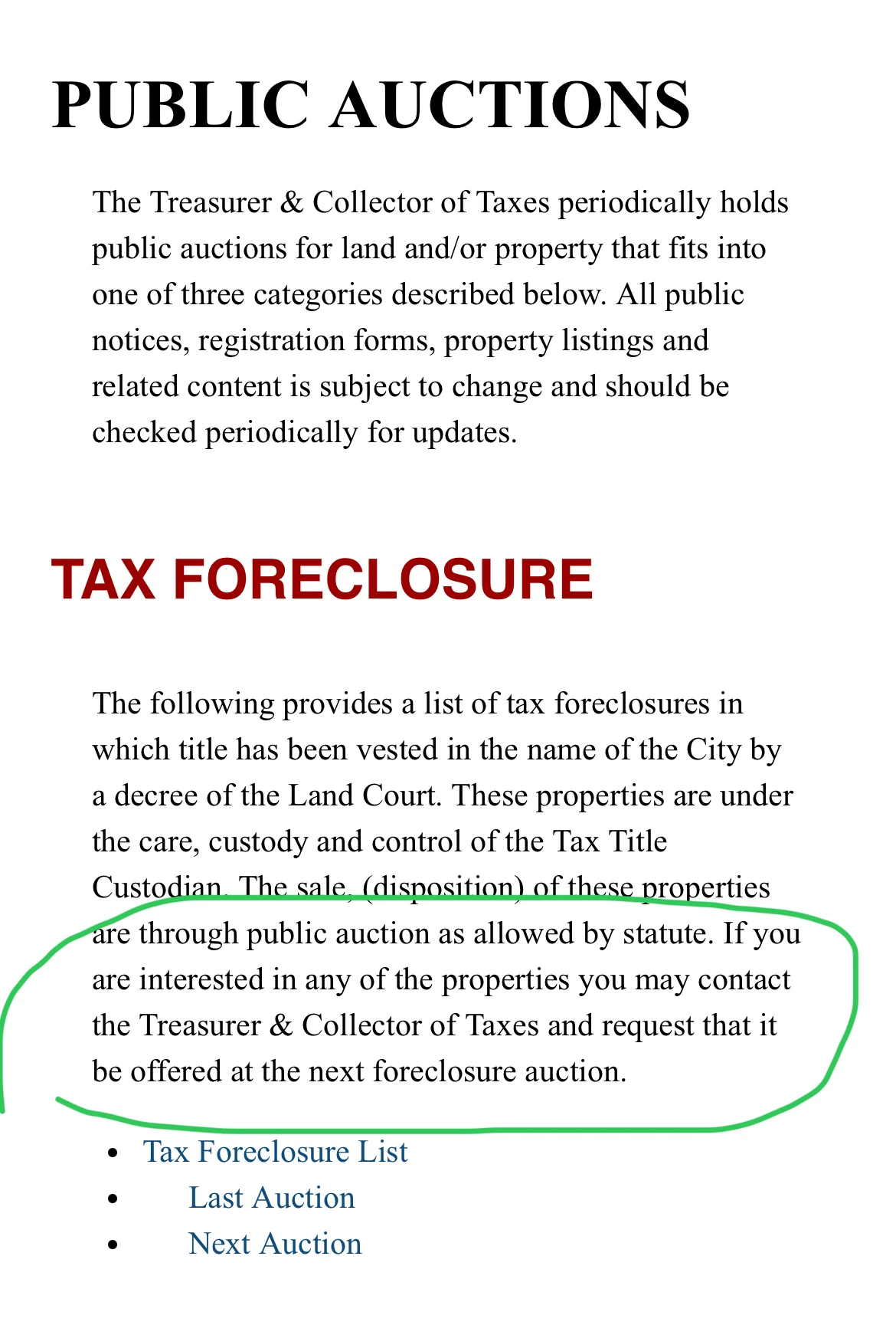 A county treasurer's public auction page listing tax foreclosure auctions