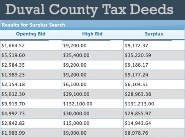 Surplus funds recovery business: part of the Duval County, Florida surplus funds list from the October 14, 2026 tax deed sale